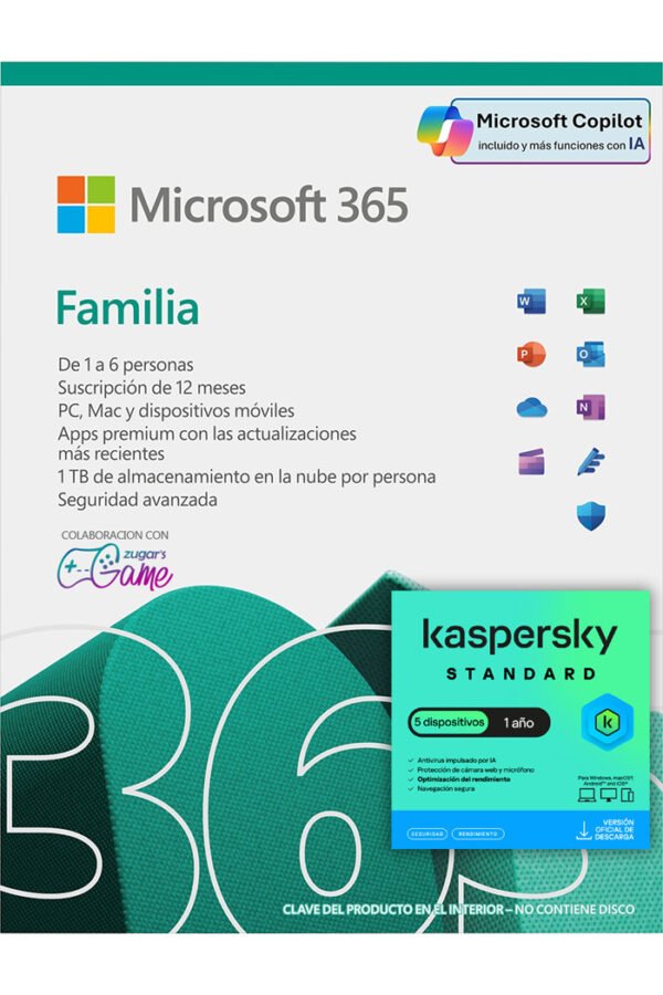 Familiar + Standard 5PC Microsoft 365 Familiar Suscripcion 12 Meses + Kaspersky Standard 5 Dispositivos