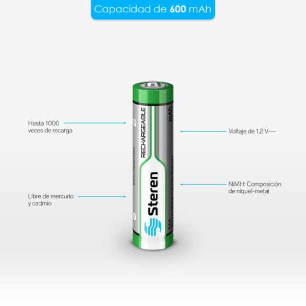 Steren Paquete De 4 Pilas Recargables Aaa Nimh 600 Mah